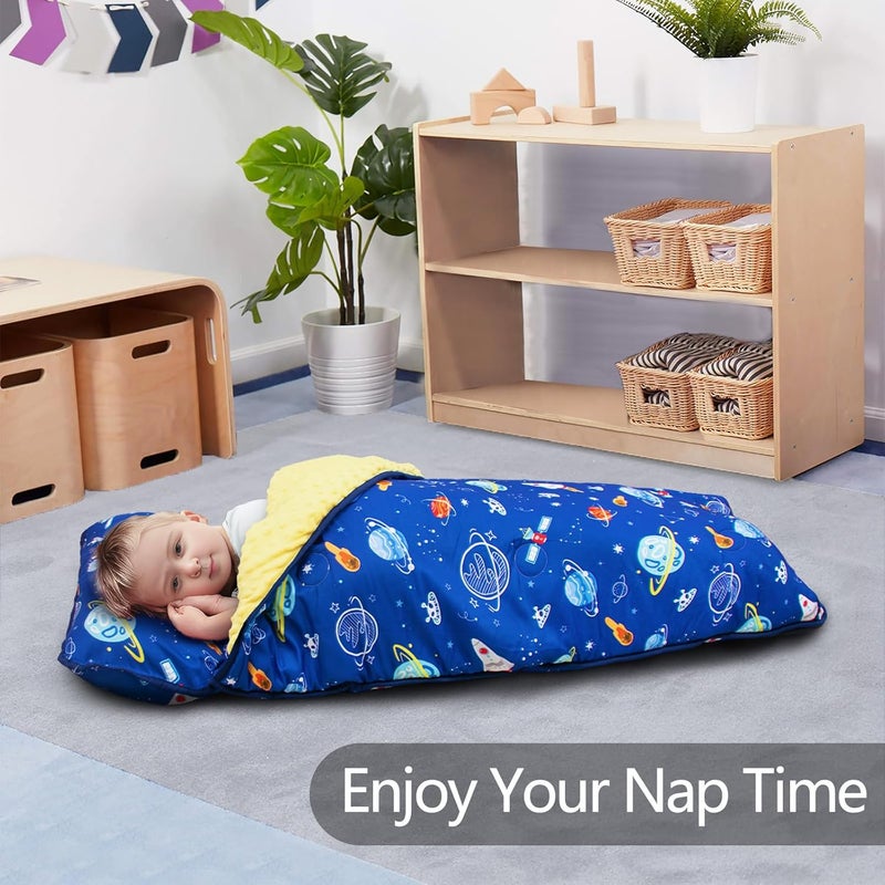 PRIMLECT Thickened Toddler Nap Mat with Removable Pillow and Minky Blanket, Extra Large 55''x35'' Sleeping Bag, Washable, Roll up, Perfect for Daycare, Preschool, Kindergarten, Boys and Girls (Space) - Image 3